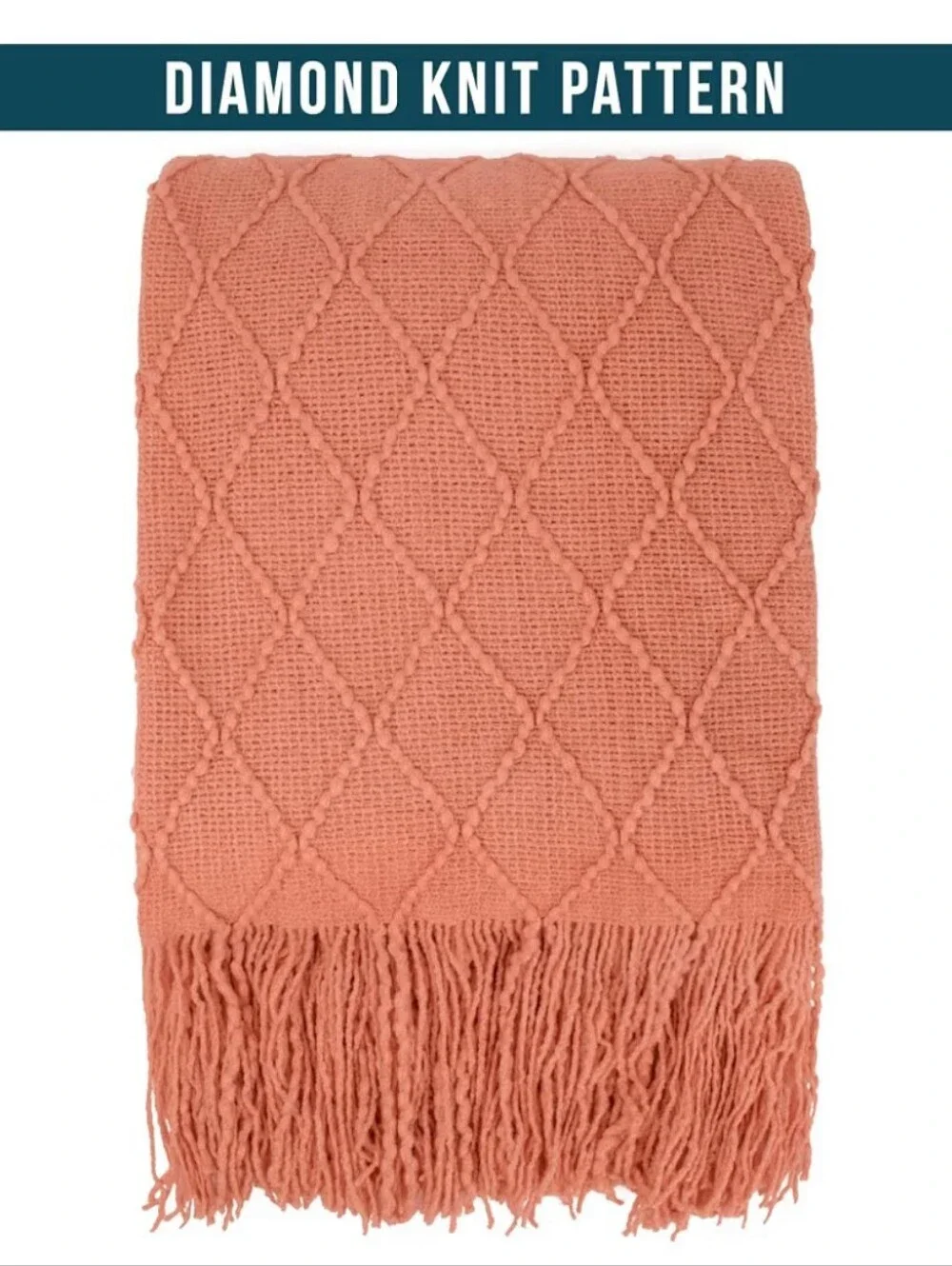 Diamond Knitted washable Fringe Throw Blanket - Coral 50x60